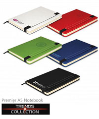 Luxury A5 Notebook 80 page notebook complete with lined pages, a book mark ribbon and an elastic closure band featuring a unique logo strip. 5 colours include Red, White, Green, Black, Blue. Has a hard cover with a stitched soft touch Antique Neoskin finish and a cardboard envelope on the inside back cover. For all the details please call Renee Kinnear or Shelley Morris on FreeCall 1800 654 990. A world of promotional products at your fingertips.