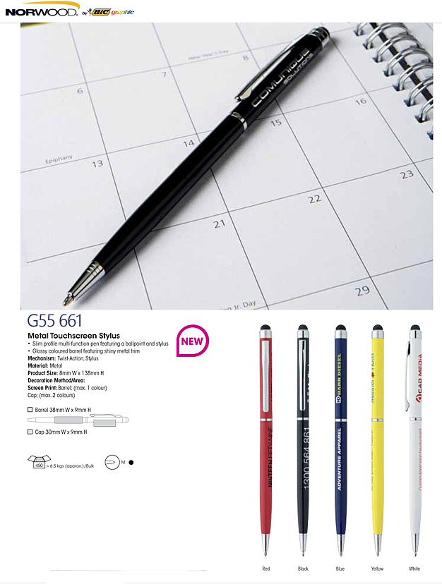 Stylus Promotional Pens by BIC #G55661, our most popular world class quality pens by BIC. The pens are held in stock here in Australia and promptly printed with your logo and details. We are certain you will be impressed with the #G55661 for value and favourable reaction from your staff and customers.
