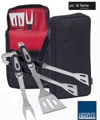 Corporate Christmas Gift Idea BBQ Tool Set #POBT with Tongs, Fork and Spatula.  Logo print service is available on the Bag. 3pcs are Stainless Steel. Presented in Black Bag with Red Contrast Lining.Corporate Sales Enquiry FreeCall 1800 654 990.