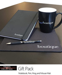 Business Gift Pack includes a Ruled A5 Hard Cover Notebook, German Ink Jet Pen, Sorrento Coffee Mug and Mouse Mat. Products are available separately. For details please call Renee Kinnear or Shelley Morris on FreeCall 1800 654 990.