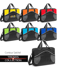 Stylish, functional satchel #107661 in team colours, manufactured from robust 600D polyester. Has both handles and an adjustable shoulder strap as well as a front external pocket, mesh side pocket and a business card holder on the back. Colours: Yellow/Black, Orange/Black, Red/Black, Bright Green/Black, Light Blue/Black, Royal Blue/Black, Black. Dimensions: H 285mm x L 400mm x Gusset 85mm (excludes handles and shoulder strap)