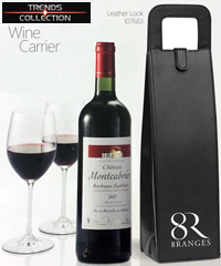 Corporate Christmas Gift Idea Wine Bottle Carrier #107683 With Logo Service. Attractive Leather appearance reinforced single wine bottle carrier that folds flat for economical transportation. Can be printed with your logo. 
