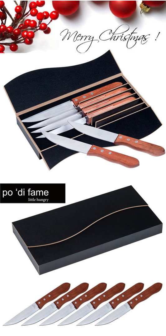 Steak Knives for Corporate Gifts. STEAK KNIFE 6 PCS SET #POSK With Thick Handle, 6-pcs stainless steel steak knife set, 5” serrated knives – 1.5mm thickness, 5” rosewood finish handles, Displayed in a moulded bespoke black MDF box, Supplied in a black gift box, Dimensions: Box 27cm L x 14.5cm W x 4cm D, Decoration area: Size on request, Freight Details: 20 per carton, 18.5kg, 33.5cm L x 31cm W x 47.5cm H For all the details please call Renee Kinnear on FreeCall 1800 654 990