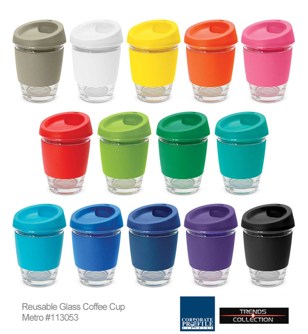 Reusable glass coffee cup #113053 with a secure push on silicone lid and a wide heat resistant silicone band. The silicone lid and band can be mixed and matched into 196 colour combinations. Multiple colour combinations are available for an additional charge. Glass is a natural choice for a clean, pure taste and it offers an eco-friendly alternative to single use paper cups. Metro Cup is presented in an unbleached cardboard gift box with a window to show the branding and product care instructions on one side. Sales enquiry FreeCall 1800 654 990
