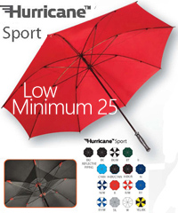 A new budget range of Golf-Sport Umbrellas #WG006.The original Hurricane and The Ultimate Golf Umbrella. Extra strong fibreglass frame. Vented technology that will survive almost any conditions. If you want the best for your customers this is it! Manual Open, Safety Runner, Vented, Silver Model is UPF 50+, 40+ km/h Wind Tunnel Tested. Low Minimum 25 pcs Print Service. Enquiries FreeCall 1800 654 990.