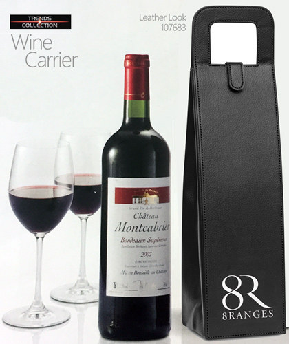 A Corporate Christmas Gift idea Wine Bottle Carrier #107683 With Logo Service. Leather look reinforced single wine bottle carrier that folds flat for economical transportation. Can be printed with your logo. Corporate Sales please call Renee Kinnear or Shelley Morris on FreeCall 1800 654 990