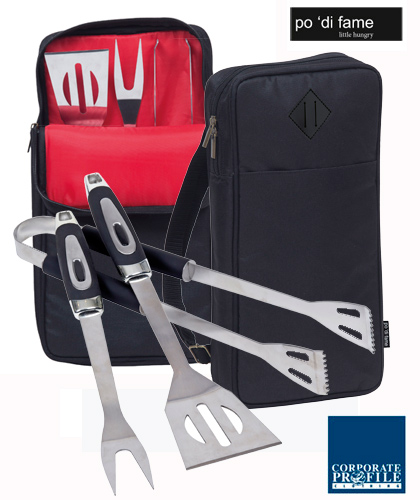 Corporate Christmas Gift BBQ Tongs Set #POBT with Tongs, Fork and Spatula.  Logo print service is available on the Bag. 3pcs are Stainless Steel. Presented in Black Bag with Red Contrast Lining.Corporate Sales Enquiry FreeCall 1800 654 990.