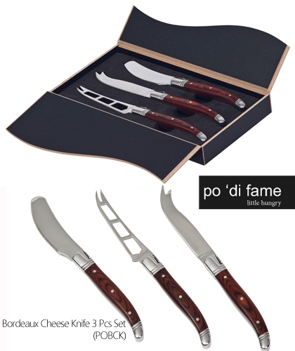 po 'di fame Bordeaux Cheese Knife Set #POBCK With Corporate Gift Box. 3 pcs stainless steel cheese knife set with 2 knives, and 1 spreader. Displayed in a po 'di fame moulded, bespoke black MDF box. Pakka wood handles with rosewood colour finish. Corporate Sales Enquiry FreeCall 1800 654 990.