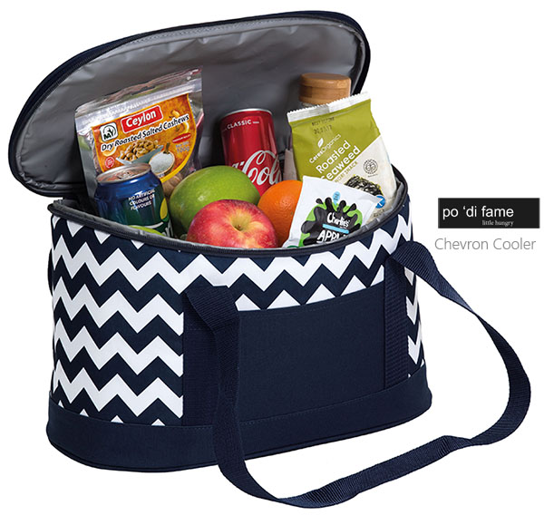 Corporate Christmas Gift Ideas, the Chevron Cooler Bag #POOC is a trendy summer item. The popular Chevron pattern design on the Coolers is also available on Picnic Blanket, and Picnic Set. Available Navy/White, Black/White. The experienced staff at Corporate Profile can arrange to have your logo printed or embroidered on the front slip pocket.  Corporate Sales FreeCall 1800 654 990