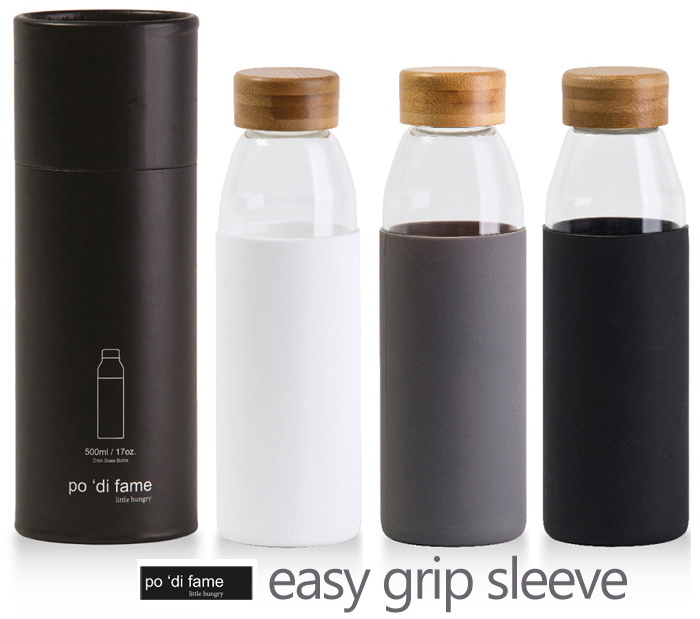 This stylish Glass Drink Bottle has a silcone grip around the bottle that makes handling easy! 500ml high borosilicate glass body, bespoke natural bamboo leak proof lid. Supplied in a black po 'di fame presentation tube with logo laser engraving service available. Colours: Black, Grey, White. Corporate Sales FreeCall 1800 654 990