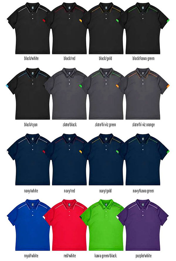 Polo's Colours Card for Company and Business Uniforms. Notice the impressive piping across the shoulders and sleeve panel. Soft mini waffle fabric provides lasting durability. Enjoy a professional appearance with excellent embroidery or printing of your logo or message. Contact Corporate Profile Clothing FreCall 1800 654 990