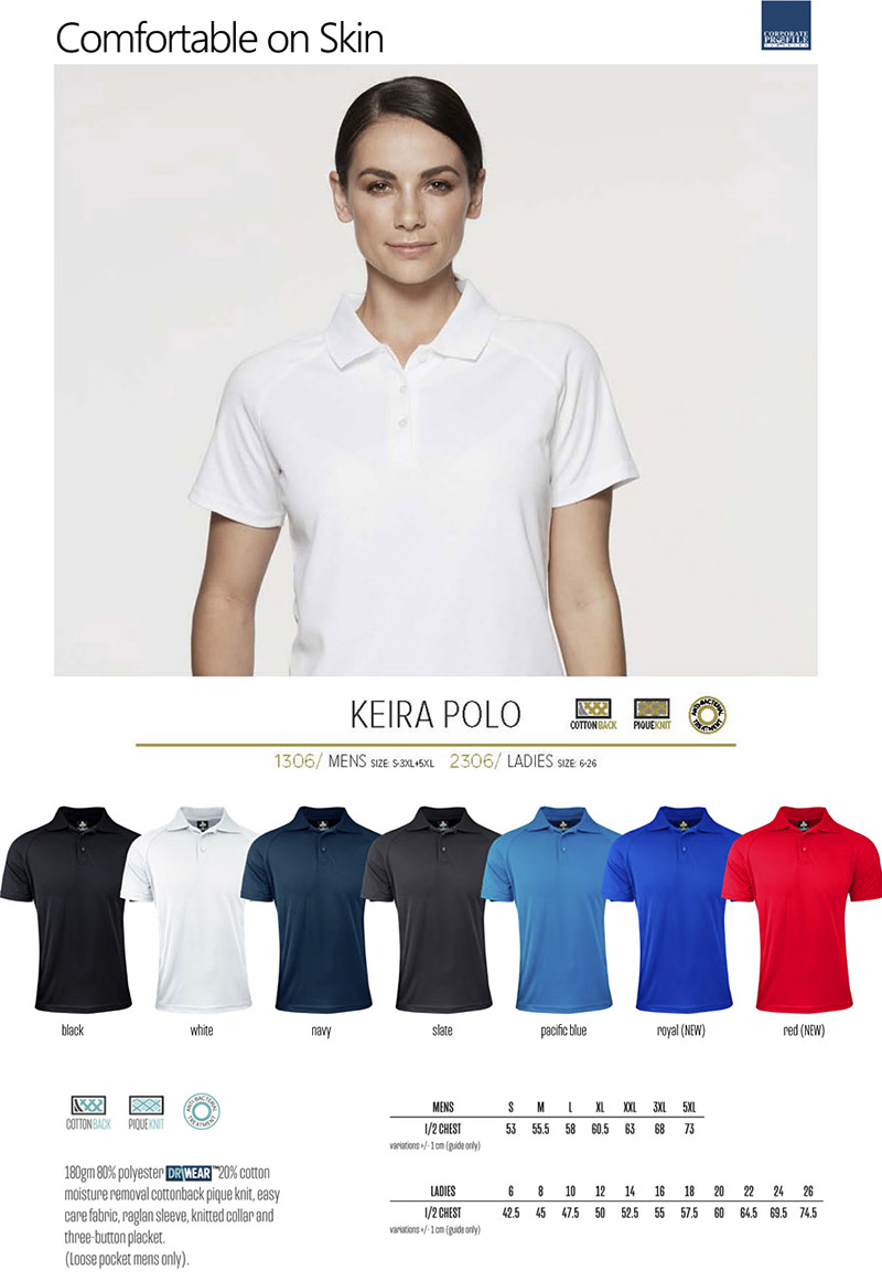 A perfect choice for company and business uniforms this Polo has a soft cotton backing making it more comfortable and softer on the skin. One of our best Polo's its available in Black, Navy, White, Red, Royal, Pacific Blue. Corporate Profile Clothing FreeCall 1800 654 990