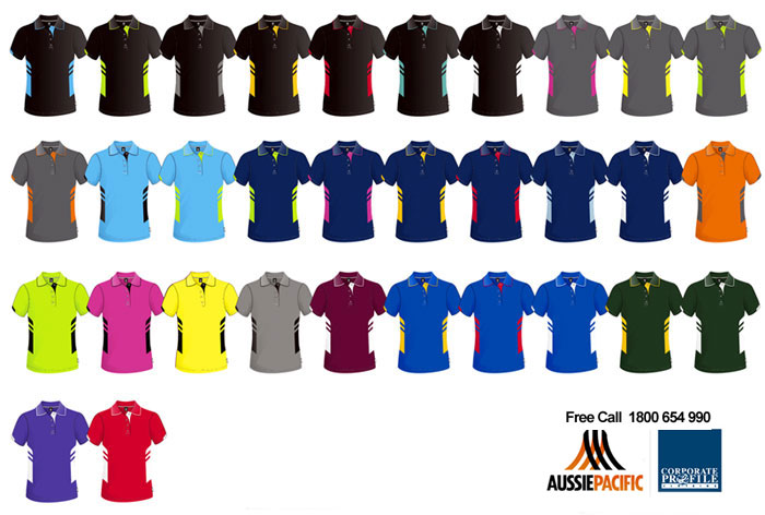 Aussie Pacific Tasman Polo Shirts #1311 Colour Chart. Try It ON! Request a Sample for your Company or Club to inspect. Logo embroidery and print service available. Innovative range of sports industry activewear. Stock service polo's tees, singlets and custom order supply available from Corporate Profile Clothing, please call Renee Kinnear or Shelley Morris on FreeCall 1800 654 990. 