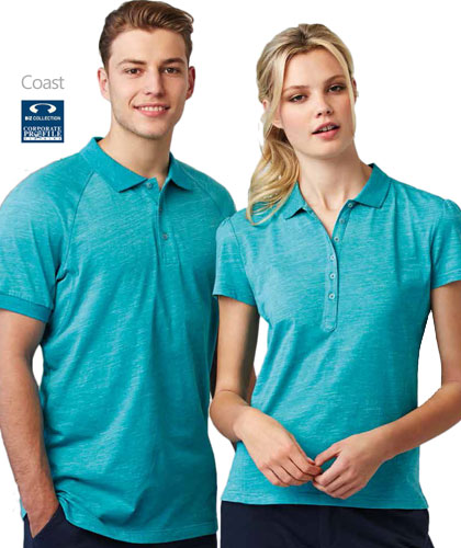 Inspect a sample Heathered Cotton Polo Shirt, Coast #P608MS for business uniforms and sports clubs. The Coast Polo #P608MS is available in Vintage Red, Turquoise Blue, Midnight Blue, Silver Grey. The Mens polo has a raglan sleeve style and Ladies has fashionable shoulder and back yoke pleating. Enquiry FreeCall 1800 654 990
