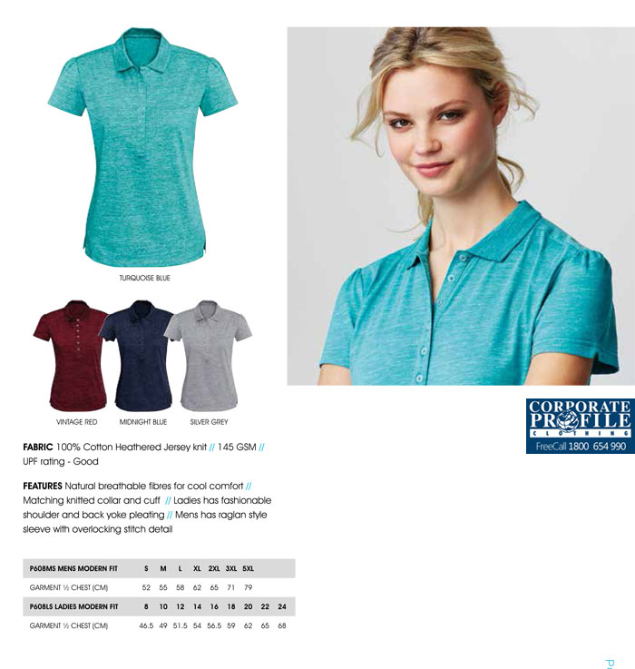 Inspect a sample of latest Cotton Polo Shirt for business uniforms and sports clubs. The Coast Polo #P608MS is available in Vintage Red, Turquoise Blue, Midnight Blue, Silver Grey. The Mens polo has a raglan sleeve style and Ladies has fashionable shoulder and back yoke pleating. Enquiries FreeCall 1800 654 990