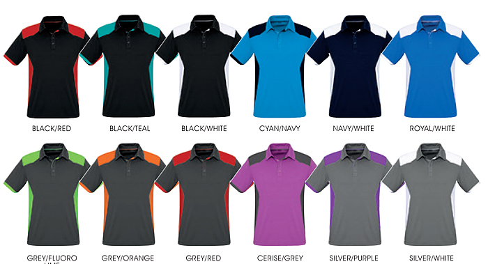 Rival Polo #P705MS and Womens #P705LS With Logo Service. Colour Card with 12 team colours with bold contrast panels across the shoulders, sides, sleeve cuffs. Biz Cool breathable, lightweight 145gsm, meets Australian Standard UPF Ratings. Corporate Sales Call Free 1800 654 990