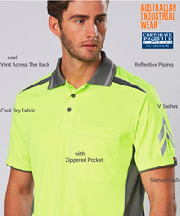 Upgrade to new Cool Dry Hi Vis Polo for Work. Australian Industrial Wear #PS210 FluoroOrange/Grey and Fluoro Yellow/Grey CoolDry® - 160gsm -100% Polyester. Unisex mini waffle trim fluoro polo with contrast panels, cool vent across back shoulder yoke, reflective piping and sleeve V sashes, zip pocket and striped collar. Logo and Print service available. For Sales enquiry please FreeCall 1800 654 990