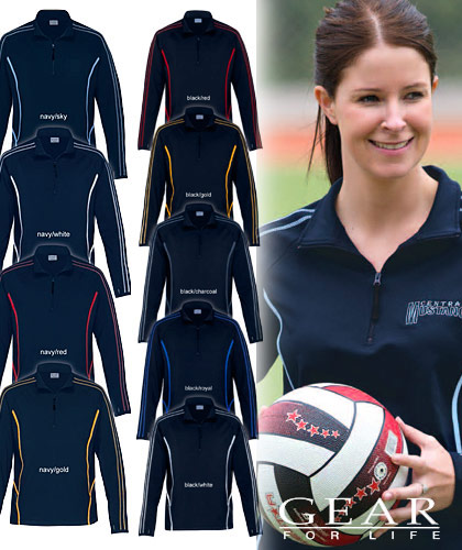 Half Zip Top in Team Colours #DGRFZ With Logo Service. Long sleeve warmth, 250gsm, high tech stretch 92% polyester 8% elastane. Mens , Womens and Kids Sizes. 9 Team Colour Combinations. High Zip with Rubber Puller, moisture wicking, UV Australian Standard, raglan sleeve design is popular with women, contrast cover stitch, extreme technical fabric Dri-Gear-XTF. For all the details please call Renee Kinnear or Shelley Morris on FreeCall 1800 654 990.