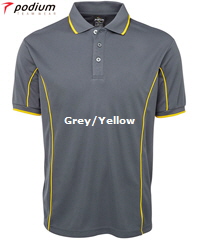 Podium Piping Polo #7PIP Grey-Yellow Mens With Logo Printing Service. The Best in Basics polo shirt for durable Work Shirt performance, Sport Club and School wear. Fantastic quality Podium Cool moisture wicking fabric helps to keep you cool and dry in hot and humid weather. Complies with Australian Standard AS/NZS 4399:1996 Quick Drying, 100% Polyester, No Ironing, 160 gsm.Womens #7LPI and School Kids #7PIPS. 20 Colours available. Extensive range of Sizes. Corporate Sales FreeCall 1800 654 990