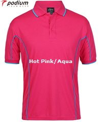 Podium Piping Polo #7PIP Pink and Aqua Polo With Logo Printing Service. The Best in Basics polo shirt for durable Work Shirt performance, Sport Club and School wear. Fantastic quality Podium Cool moisture wicking fabric helps to keep you cool and dry in hot and humid weather. Complies with Australian Standard AS/NZS 4399:1996 Quick Drying, 100% Polyester, No Ironing, 160 gsm. Womens #7LPI and School Kids #7PIPS. 20 Colours available. Extensive range of Sizes. Corporate Sales FreeCall 1800 654 990