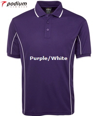 Podium Piping Polo #7PIP Purple and White With Logo Printing Service. The Best in Basics polo shirt for durable Work Shirt performance, Sport Club and School wear. Fantastic quality Podium Cool moisture wicking fabric helps to keep you cool and dry in hot and humid weather. Complies with Australian Standard AS/NZS 4399:1996 Quick Drying, 100% Polyester, No Ironing, 160 gsm.Womens #7LPI and School Kids #7PIPS. 20 Colours available. Extensive range of Sizes. Corporate Sales FreeCall 1800 654 990