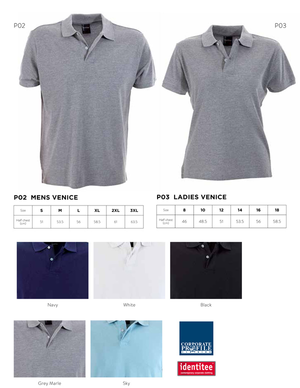 Fresh, fashionable style Venice Polo Mens #P02 and Womens Polo #P03, great looking comfortable polo with cool appearance, sleeve cuffs and knitted collar, pearl buttons, side splits. Perfect for younger customers, fitness lifestyle, muscle arm fitting for blokes. Corporate Sales FreeCall 1800 654 990