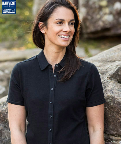 Unique fashioned front with button jet pocket, a polo with a difference! 100 percent Cotton #2115001 available in Black and Navy. Ladies Polo has full button up front. Mens has button down collar with modern sleeve cut. Modern fit, S-3XL and 5XL, Ladies S-3XL FreeCall Leigh Gazzard 1800 654 990