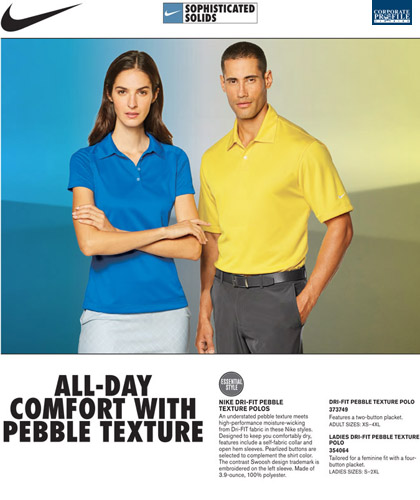 Have your Company or Club logo branded on Nike Golf Polo Shirts #373749 and Womens #354064. Product stack of Dri Fit Pebble Texture Polo, 12 colours. Perfect for Australia's climate. High performance moisture wicking fabric pulls away sweat to help keep you dry and comfortable. Enjoy wearing Nike Golf polo's branded with your Company or Club logo. Corporate Sales FreeCall 1800 654 990
