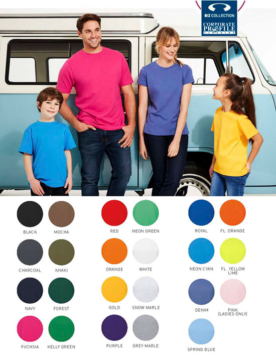 Tee's available in 22 colours for Business, Merchandise, Events and Club Teamwear. Black, Mocha, Charcoal, Khaki, Navy, Forest, Fuchsia, Kelly Green, Red, Neon Green,Orange, White, Gold, Snow Marle, Purple, Grey Marle, Royal, Fluoro Orange, Neon Cyan, Fluoro Yellow, Denim, Pink, Spring Blue. 100% Cotton. Twin Needle seams, ribbed elastane neck band. Superior shape retention. Best for Business Corporate Profile Clothing FreeCall 1800 654 990