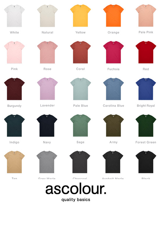 AS Colour Mens T Shirt #5001 with Premium Corporate Print Service, Colour Card with 33 Colours, 100% Cotton, Mens and Ladies, Regular Fit. Perfect for  Corporate and Club events. FreeCall 1800 654 990