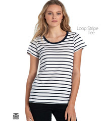 Premium T Shirts for Corporates and Uniforms. Includes AS Colour Stripe T-Shirt for trendy uniform, hospitality industry, theme uniforms and promotional gear. Available White-Navy and White-Olive. Loop Stripe Tee 4023 can be printed or embroidered with your logo. 150gsm, combed cotton material, cap sleeve. Mens similar style 5024. Please call Renee Kinnear or Shelley Morris at Corporate Profile 1800 654 990.