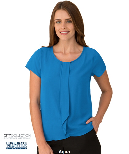 Inspect a Sample of the Aqua Cascade #2285 Ladies Ideal Uniform Tops for Hospitality, Office, Beauty, Admin, Heathcare. Notice the smart cascading pleat and the soft round neckline. The Cascade is a clever combination of a knit and woven fabric that is the ultimate in comfort and fit. The soft inner stretch knit is silky against the body and the lightweight woven outer gently drapes the body. Enquiries, Renee Kinnear or Shelley Morris on FreeCall 1800 654 990.