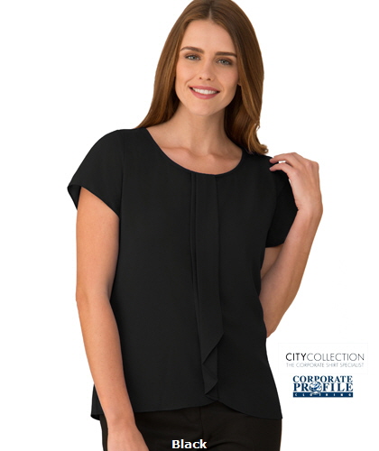 Inspect a Sample of the Black Cascade #2285 Ladies Ideal Uniform Tops for Hospitality, Office, Beauty, Admin, Heathcare. Notice the smart cascading pleat and the soft round neckline. The Cascade is a clever combination of a knit and woven fabric that is the ultimate in comfort and fit. The soft inner stretch knit is silky against the body and the lightweight woven outer gently drapes the body. Enquiries, Renee Kinnear or Shelley Morris on FreeCall 1800 654 990.