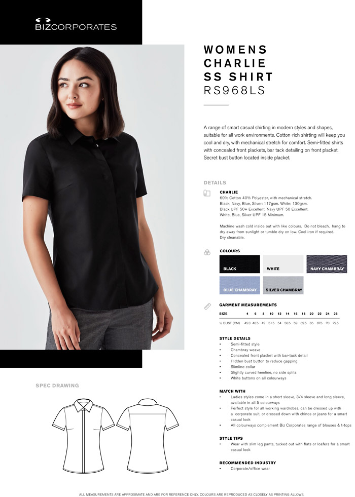Womens Corporate Shirt #RS968LS CHARLIE Short Sleeve