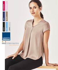 Silk-like hand feel, with a hint of lustre for added sophistication. Kayla #RB967LS 7 Colours Sizes 4-20. High twist and high density yarn ensures no static cling. Cap sleeves, with back pleat detailing and longer curved back hem. Perfect worn out with slim leg pants. For all the details Corporate Profile Clothing FreeCall 1800 654 990