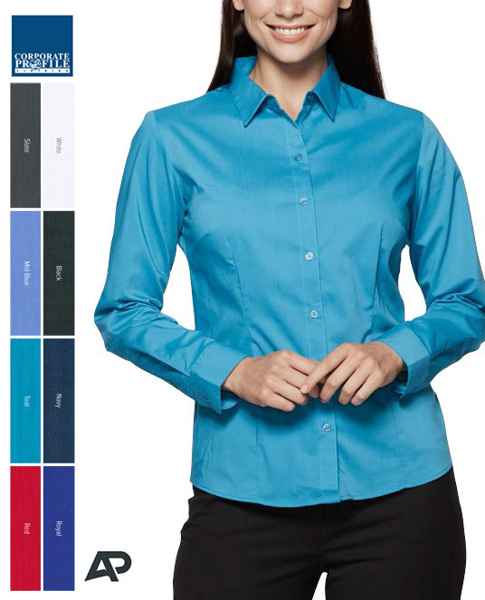 Outstanding colour range with Red, Navy, Black, White, Royal, Slate, Mid Blue and Teal, Sizes 4-26. With Sgort Sleeve and 3/4 Sleeve for Uniform Packages. Top class logo embroidery service. The shirts feature 'Magic Button' and elastane stretch for comfort.Corporate Profile Clothing FreeCall 1800 654 990