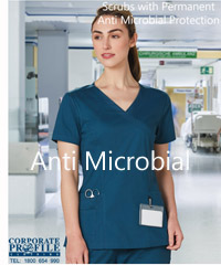 Designed in Australia. Fresh new Scrubs with Permanent Anti Microbial Protection available in Ladies and Mens Short Sleeve Tops and Pants. There are four x Plain Solid Colours #M7640 and four x Scrubs with a Contrast V Neck Trim #M7660. Elastic Waist Solid Colour Pants to match with Tops. Please FreeCall 1800 654 990