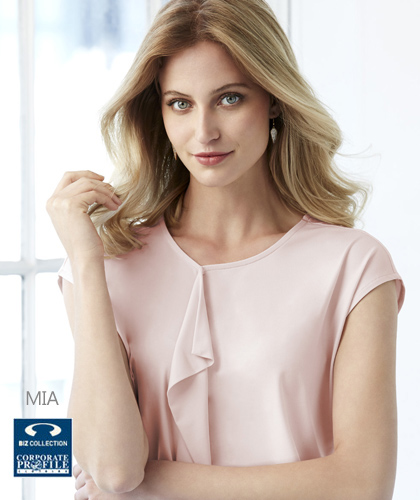 Biz Collection Mia Top With Pleat Fold #K624LS (Blush Pink) Womens Contemporary Uniform Top, with beautiful pleat fold detail, slightly offset to allow space for a company logo or badge if required. made from soft jersey knit that flatters without clinging. Enquiries FreeCall 1800 654 990