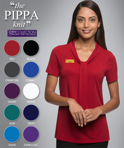 Womens Uniforms and Outfits, Business, Healthwear and Hospitality Clothing, the Pippa Top #2222 With Logo Service. Effortless Dressing, Cool and Comfortable. Matte jersey with a soft draped neckline. Features an elegant gatherered front. 10 Colours- Aqua, Grape, Red, Black, Navy, Charcoal, Jade, Cobalt, White, Dark Lilac. Bulk Order Enquiries FreeCall 1800 654 990