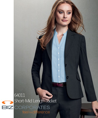 Corporate Clothing Ladies Short-Mid Length Jacket #64011 With Logo Service. Colours Navy, Black, Charcoal. Sizes 4 - 26. Featured with #14011 Relaxed Fit Pant and Bordeaux Shirt #40114. Great Brands. Great Prices. Corporate Profile Clothing FreeCall 1800 654 990