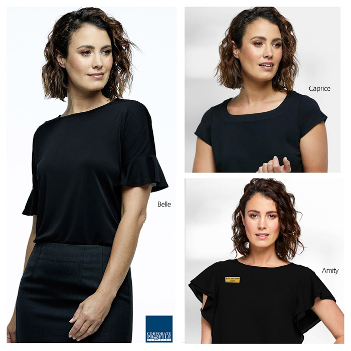 Perfectly priced collection of stylish Black Tops and Shirts for Australian Business and Corporate Wear. The styles include Amity with flutter sleeves, Harmony with Round Neckline, Echo with flowing sleeves, Aries with Off Centre Neckline. Free Call 1800 654 990
