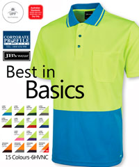 Corporate Workwear, Best in Basics, #6HVNC Hi Vis Non Cuff Traditional Polo With Logo Service. JB's Dri Moisture Wicking fabric 100% Polyester for durability160gsm micro mesh fabric JB’s Dri™ moisture wicking fabric designed to help keep you cool and dry. Complies with Standard AS/NZS 4399:1996 for UPF Protection(UPF 50+). Complies with Standards AS/NZS 1906.4:2010 and AS/NZS 4602.1:2011 Day only. Reinforced chest Pocket with pen insert. Straight hem with side splits. Easy care fabric. Quick drying. For all the details on Corporate Hi Vis Workwear the best idea is to call Renee Kinnear or Shelley Morris on FreeCall 1800 654 990.