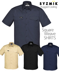 Syzmik Workwear, a Rugged Cooling Short Sleeve Work Shirt Mens #ZW405 with Logo service. Unique Square weave fabric and venting allow increased air flow to help keep you cooler. The Rip Stop fabric construction gives the light weight fabric more anti tear strength. Highly recommended, the fabric is Square Weave Cotton Ripstop, 100% Cotton Polyester,145gsm. Black, Navy, Charcoal and Khaki. Has mesh venting to increase breathability in the under arm, upper back and back side seam. Has mechanical stretch to give you more freedom of movement, 2 Chest pockets with pen partition, Arm pocket, Modern fit, Sizes XXS - 5XL, 7XL. Corporate Sales Enquiry FreeCall 1800 654 990