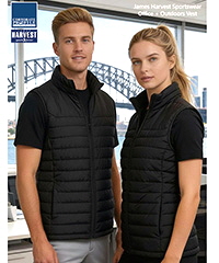 Perfect versatile padded Vest by James Harvest Sportswear. Navy and Black, Mens and Womens. Water repellant finish, chin protector, zipped pockets for your iphone and valuables Corporate Profile Clothing FreeCall 1800 654 990