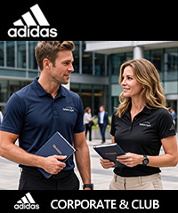 "Corporate executives standing outdoors at a business conference, wearing co branded navy blue and black Adidas polo shirts with a custom company logo on the chest" FreeCall 1800 654 990
